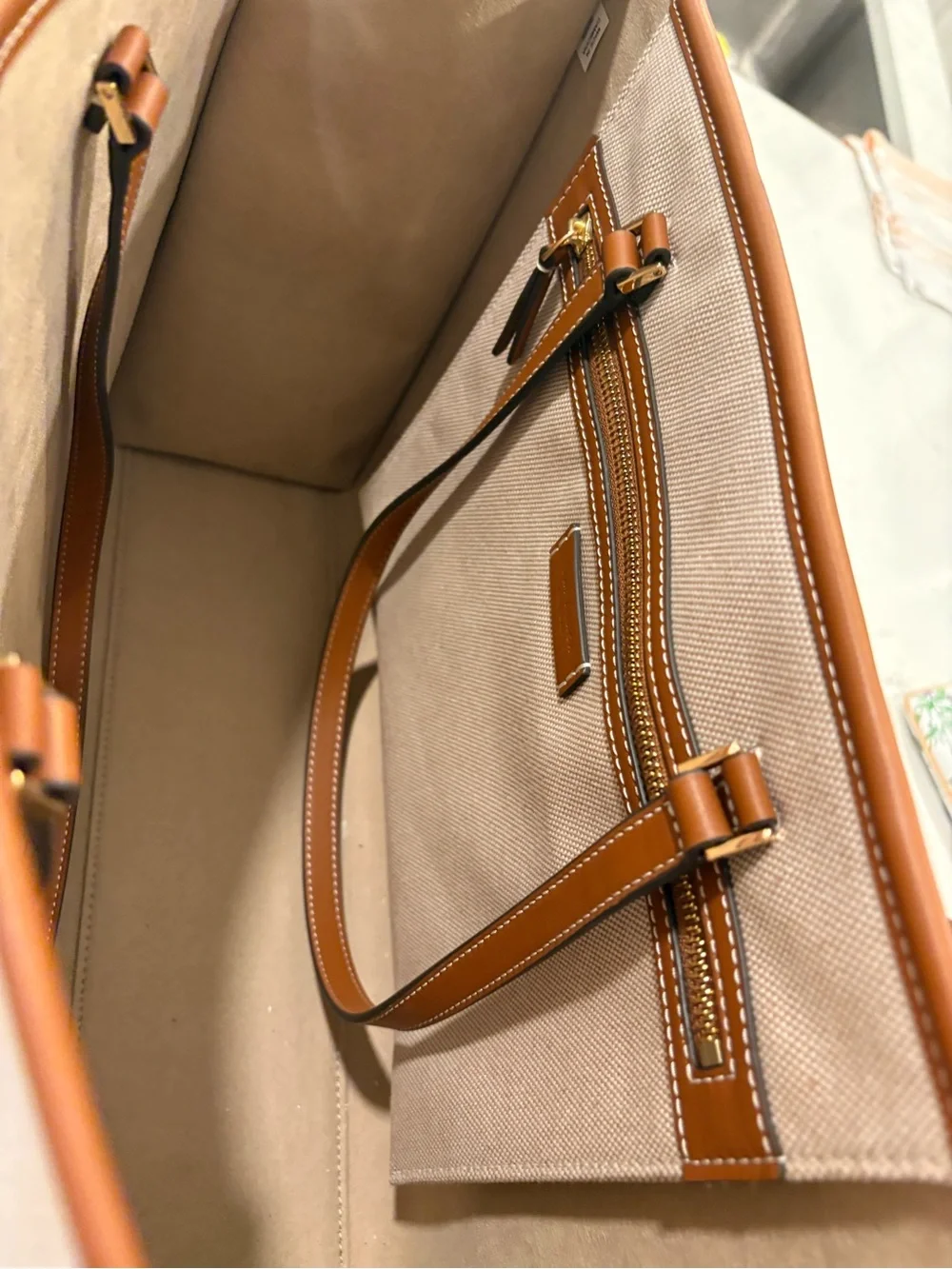 Tory Burch Beige Canvas Tote with Brown Leather Trim